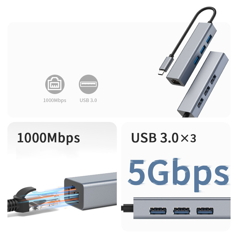  4-in-1 USB C to Ethernet Hub, USB OTG Network Adapter, 3xUSB 3.0, Thunderbolt 3, with 10/100/1000 M